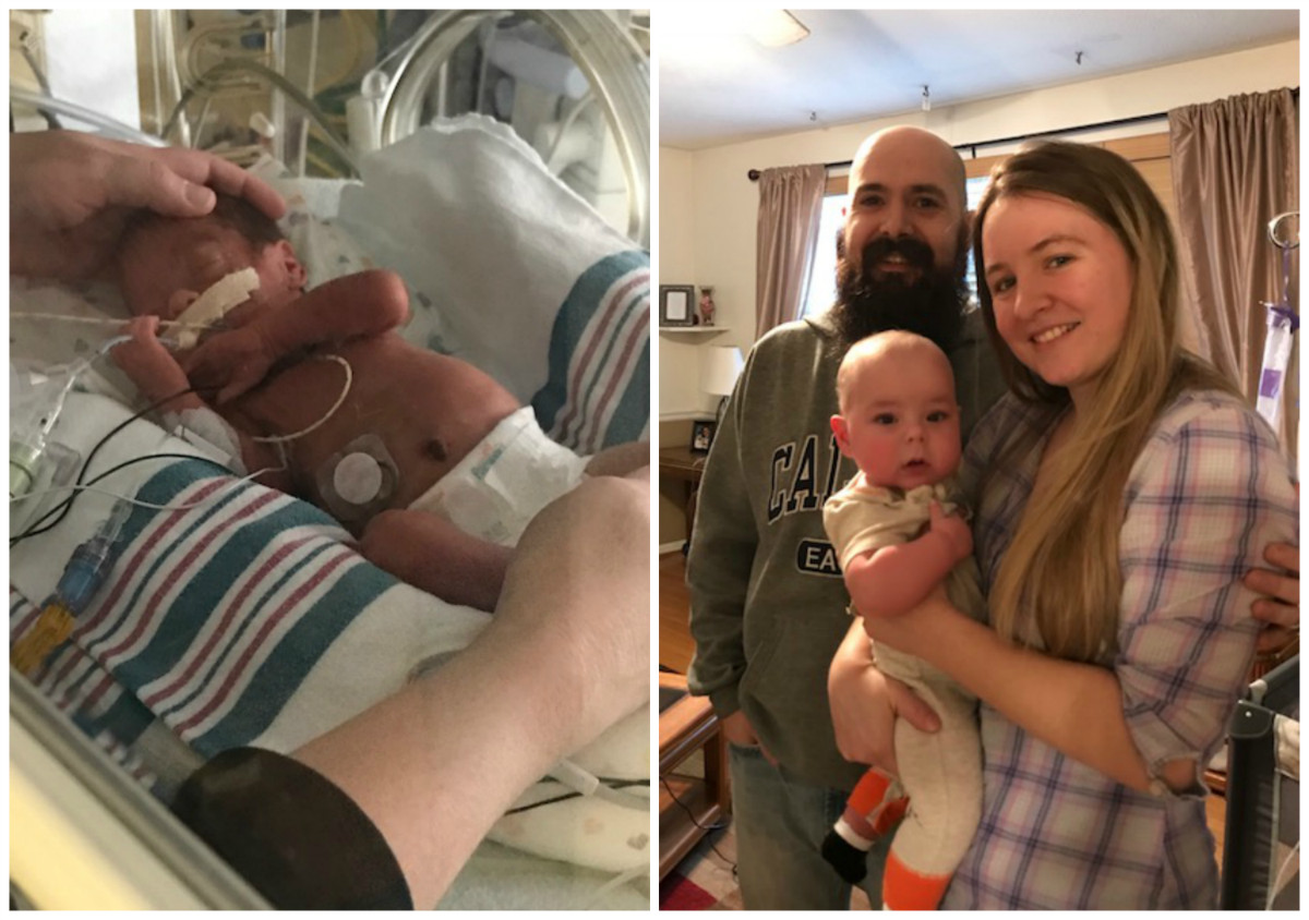 a premature baby in a nicu unit and a mother and father holding a baby